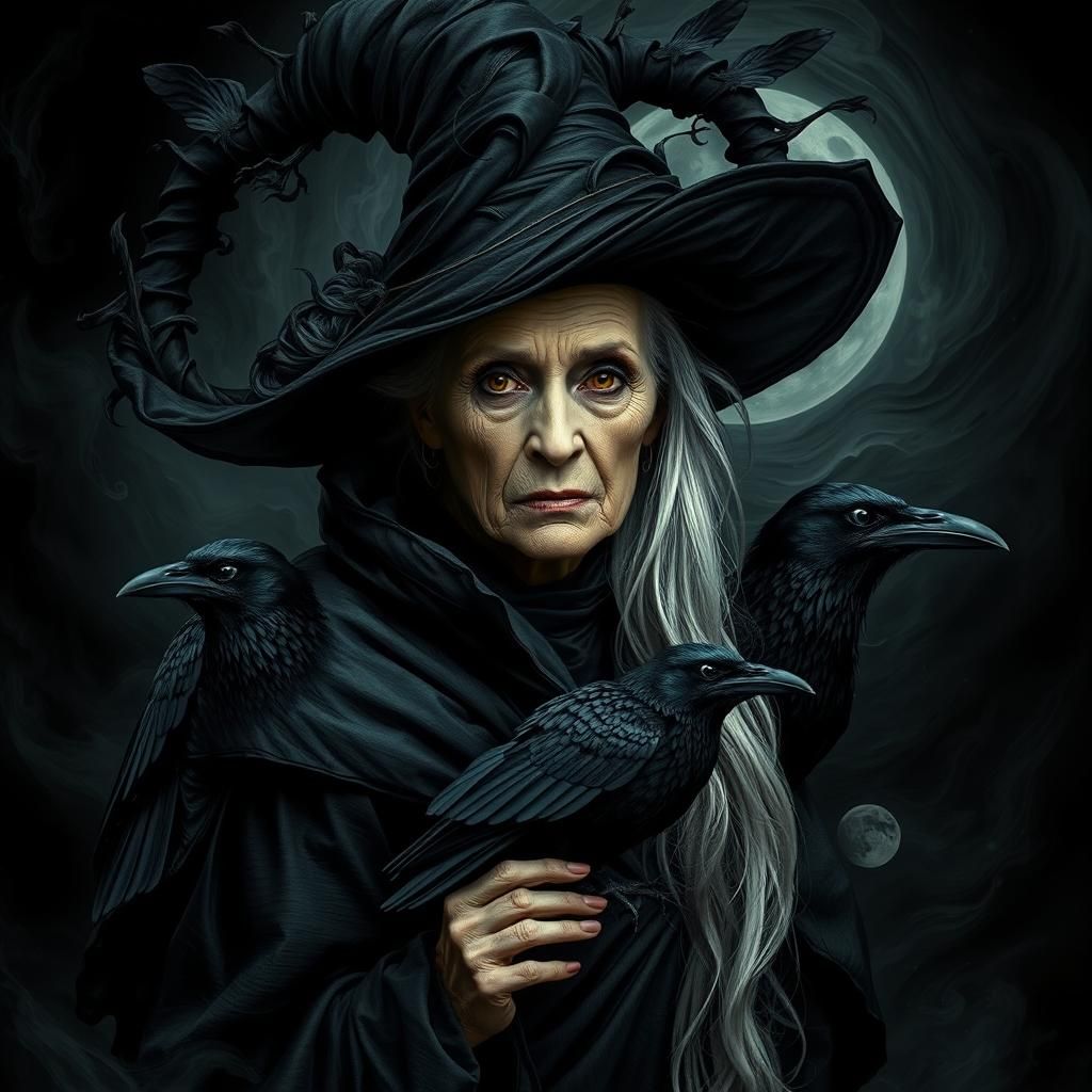 Elegant Old Witch with Abstract Hat and Crows