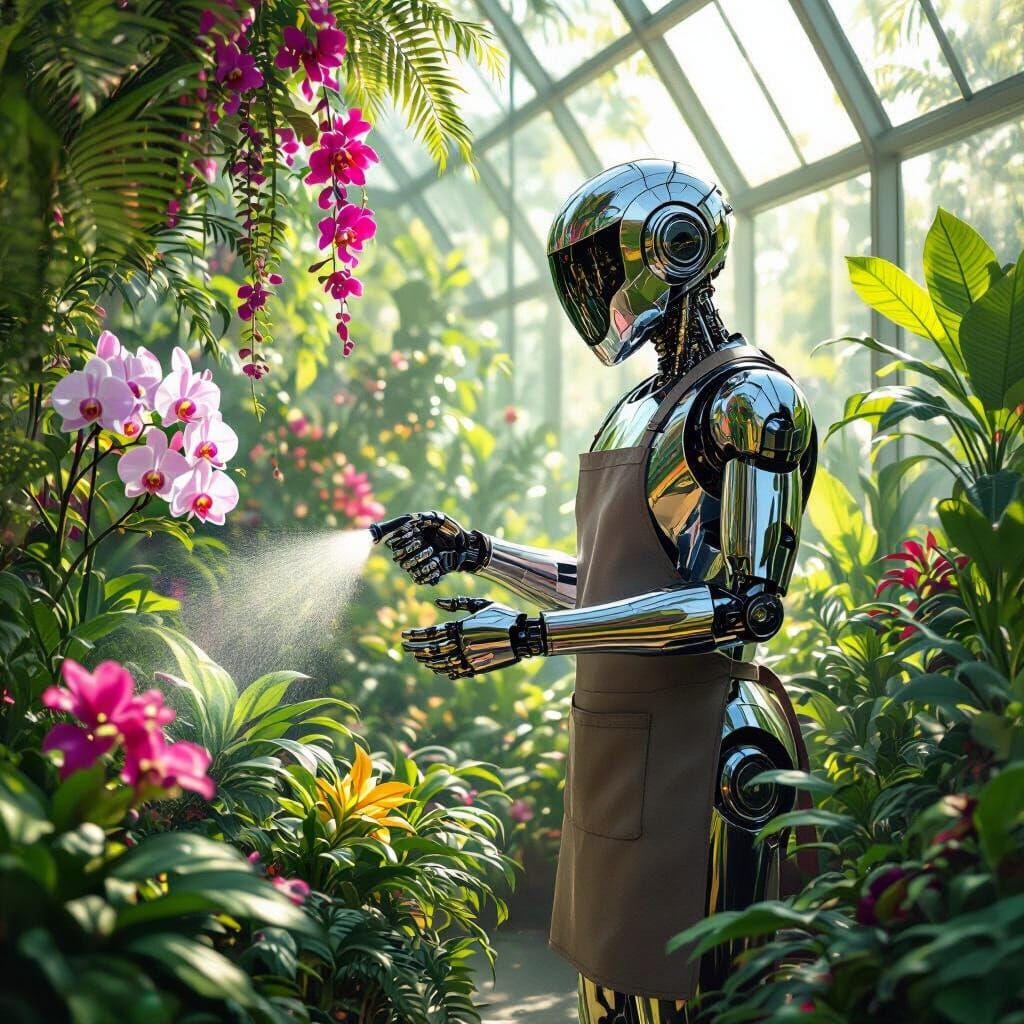 Robot Gardener in Hyperrealistic Sci-Fi Atrium