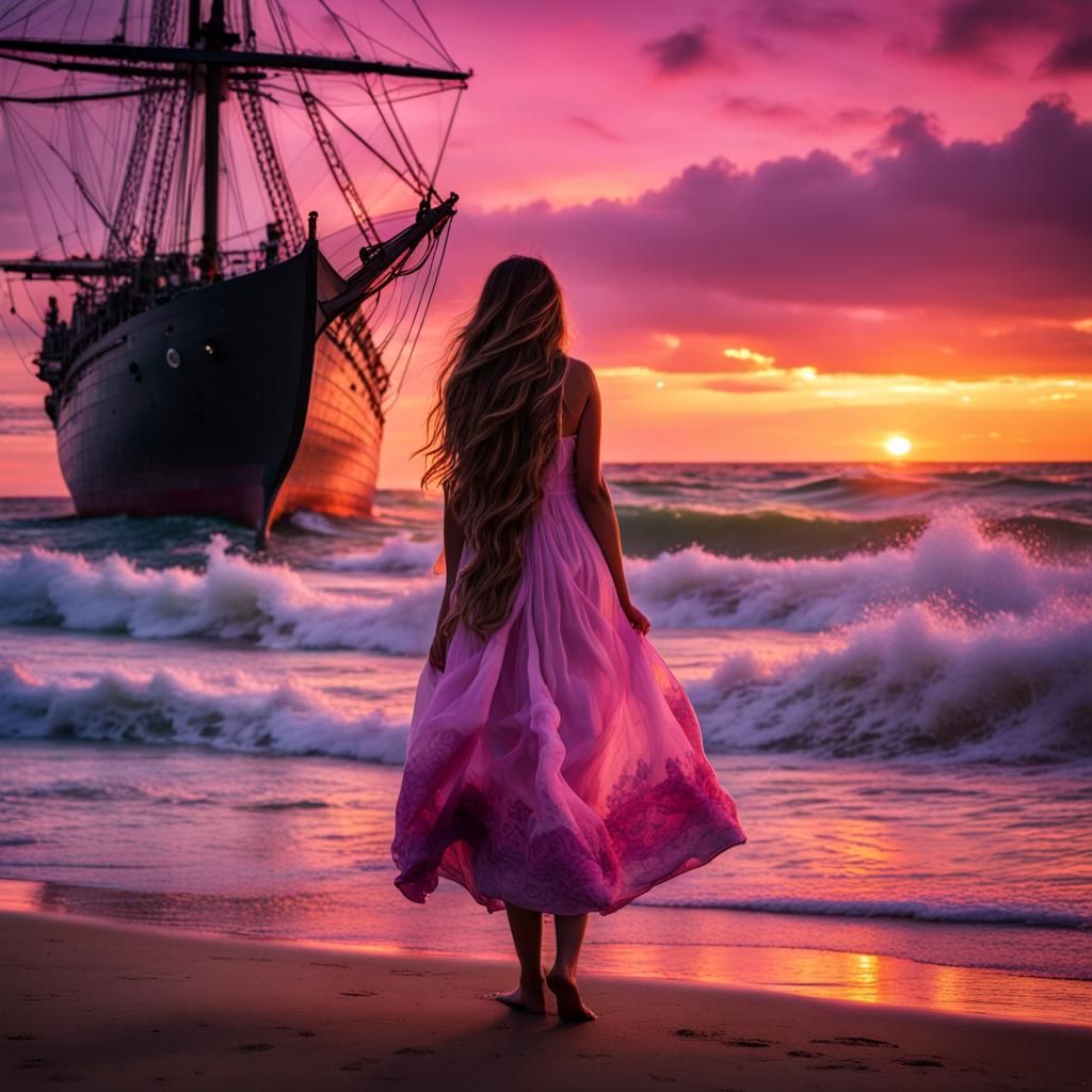 Dramatic Sunset Beach Storm with Sailing Ship