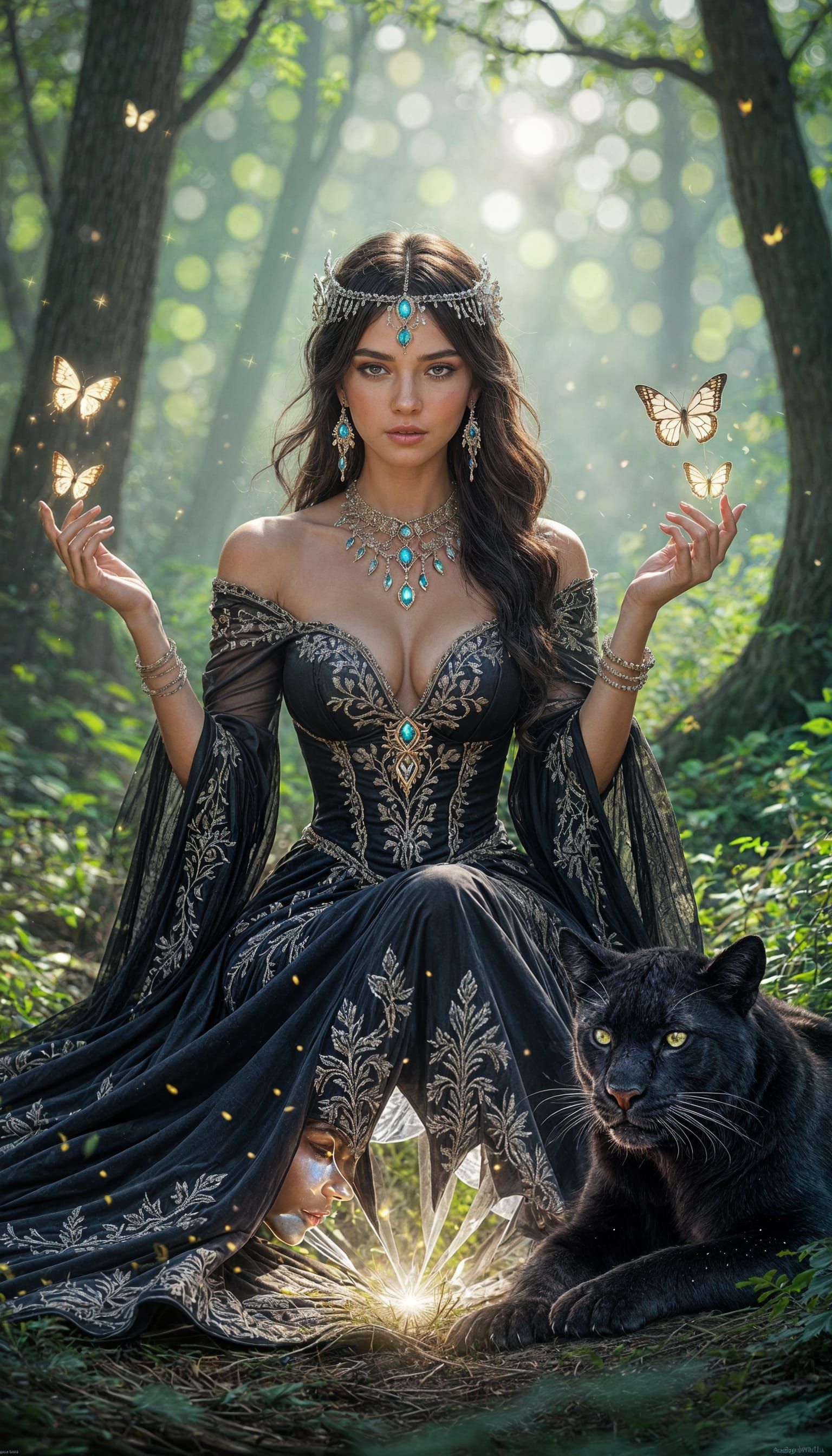 Enchantress with Panther Amidst Glowing Forest