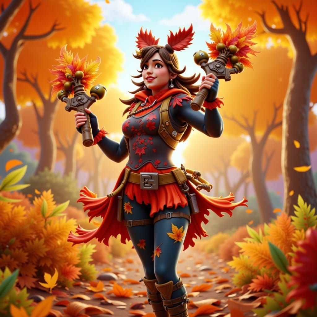 Fortnite Character in Autumn Forest with Leaf Weapons