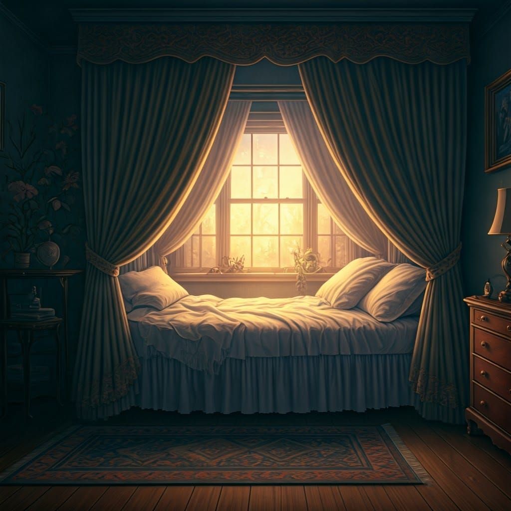 Serene Bedroom with Fluttering Curtains in Fantasy Style