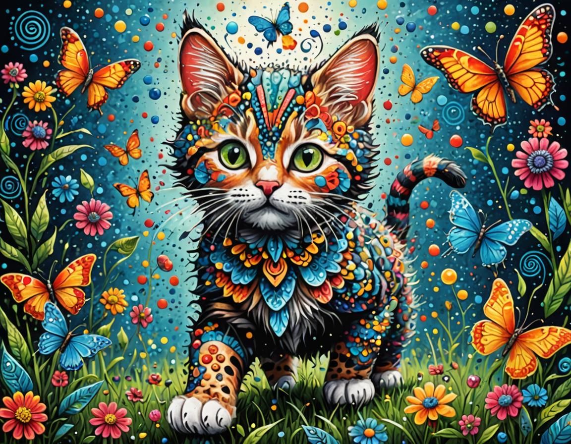 Pointillist Punk Kitten Chasing Butterfly in Abstract 3D