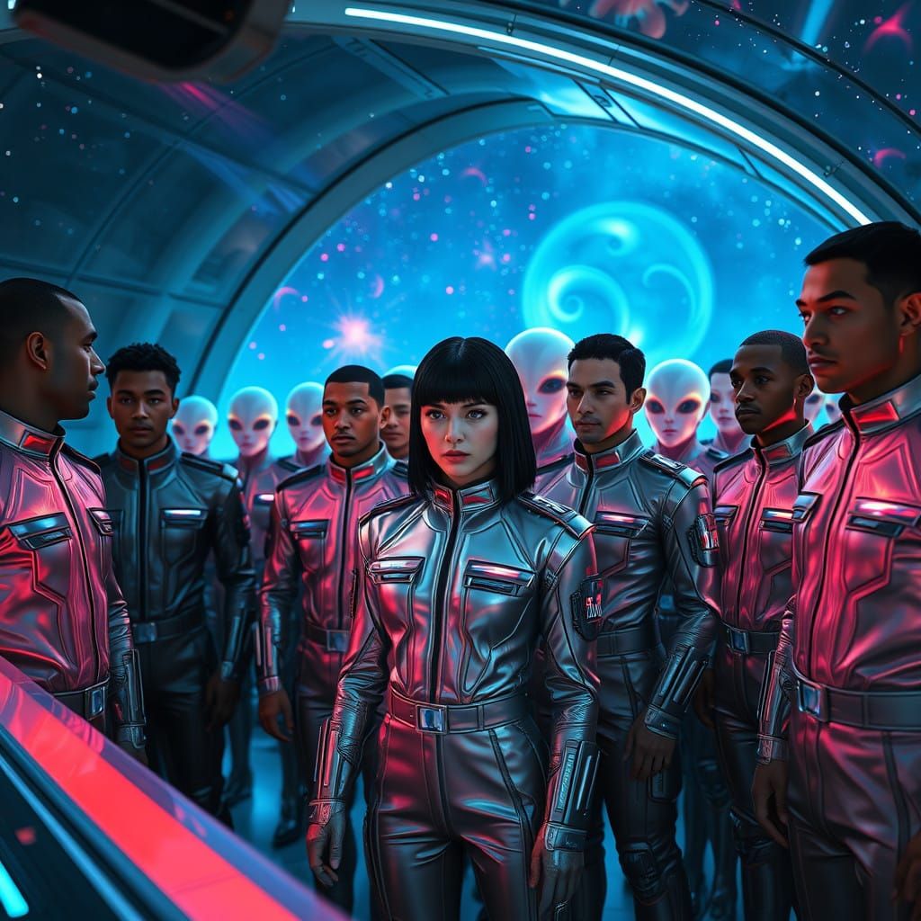 Diverse Men Face Ethereal Aliens in Futuristic Celestialpunk...