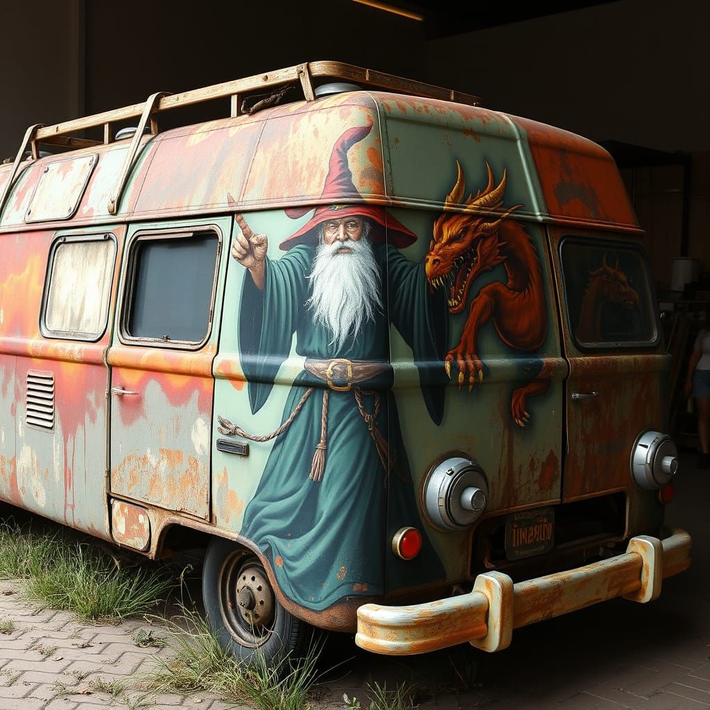 Wizard and Dragon Mural on Old Van