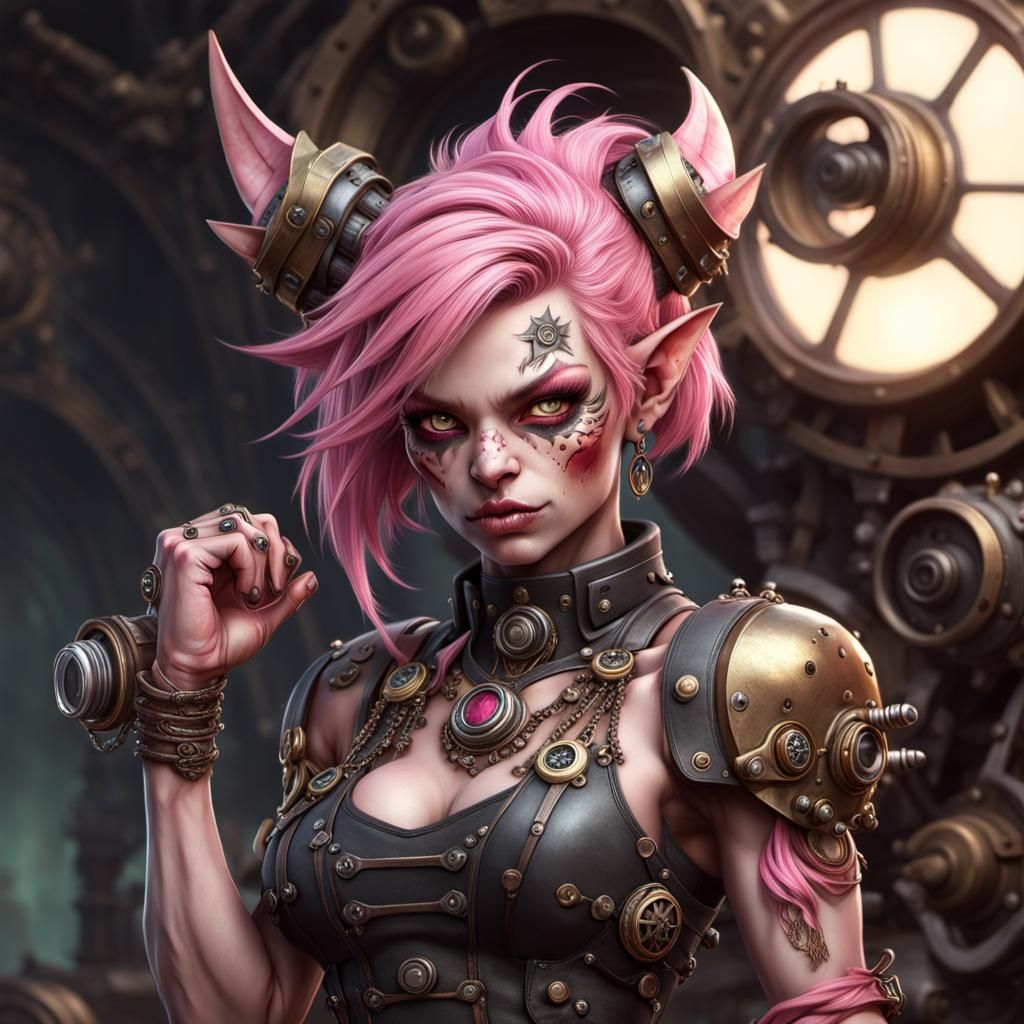 Punk Rock Goblin Girl Portrait in Steampunk Style