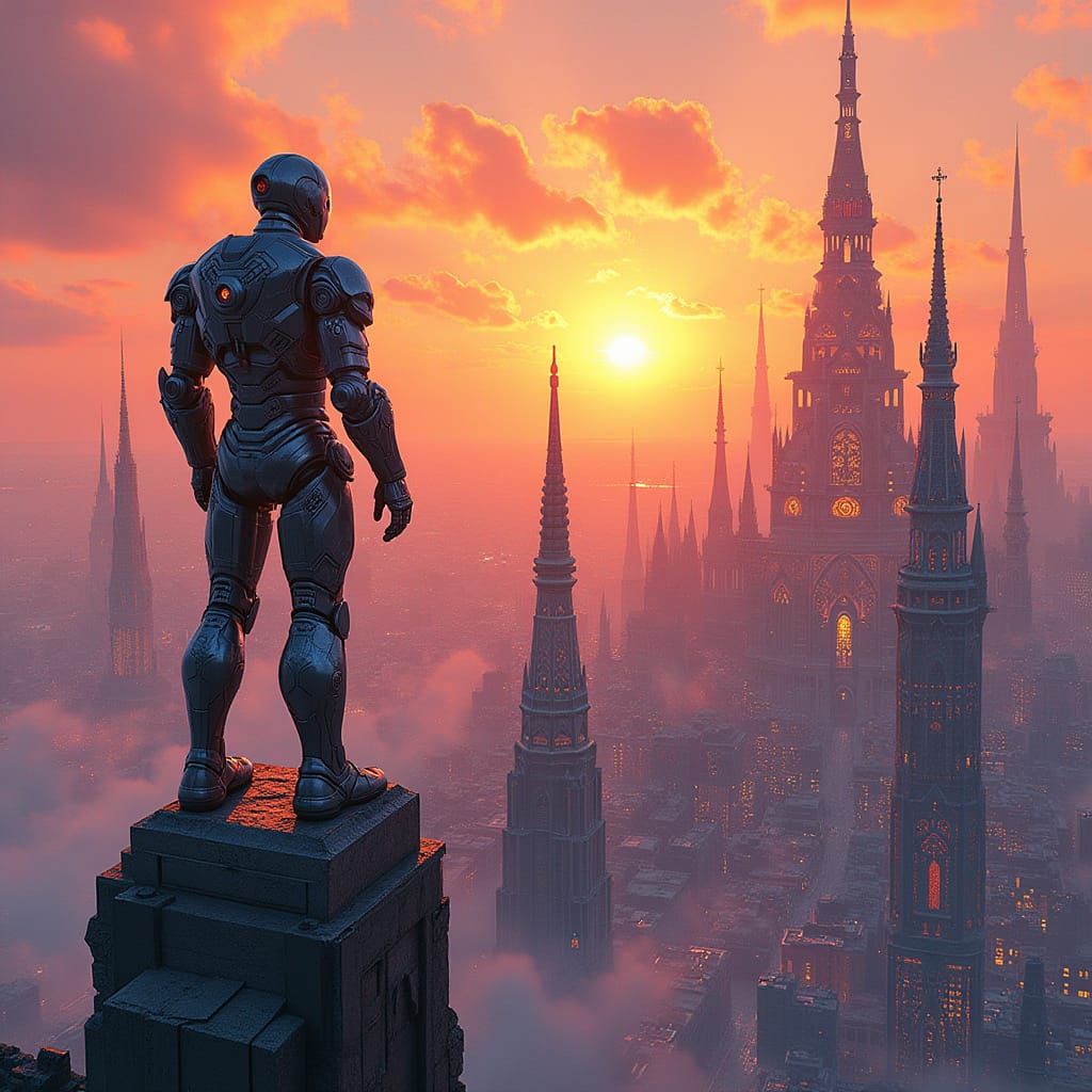 Armored Figure Overlooks Stained Glass Cityscape