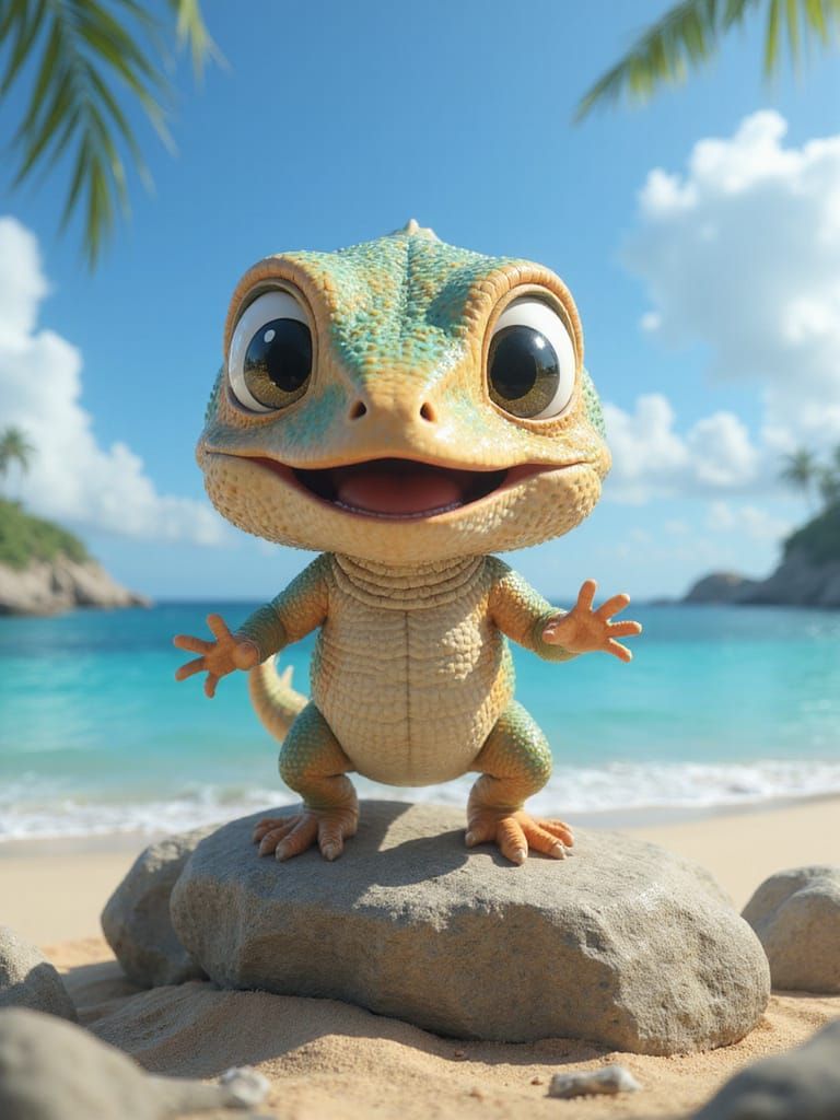 Adorable Lizard Dances on Beachy Rock in Anime Style