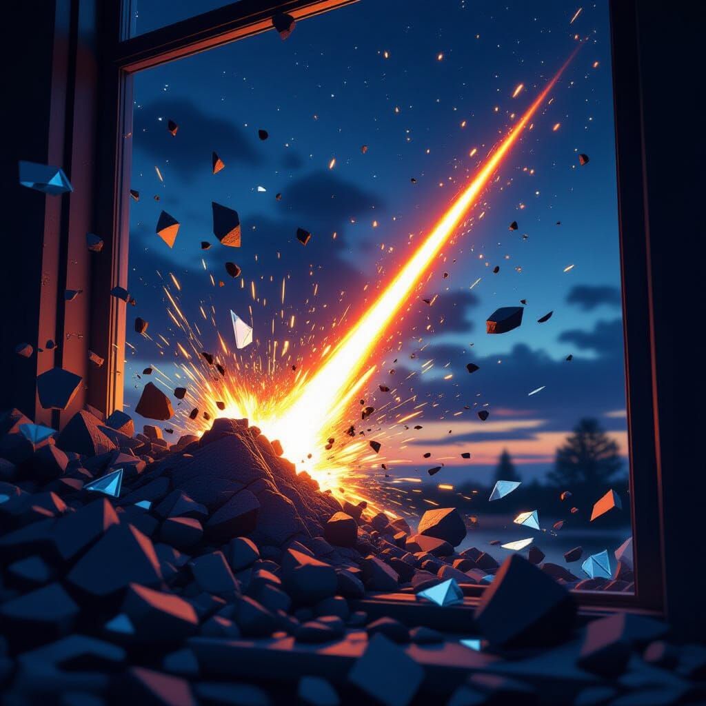 Fiery Meteor Smashes Through Window in Digital Art Style
