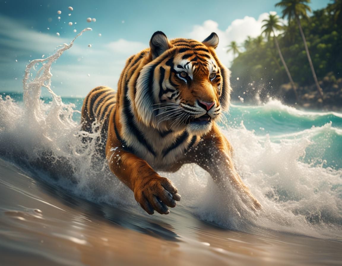 Tiger Leaps from Waves on Tropical Beach