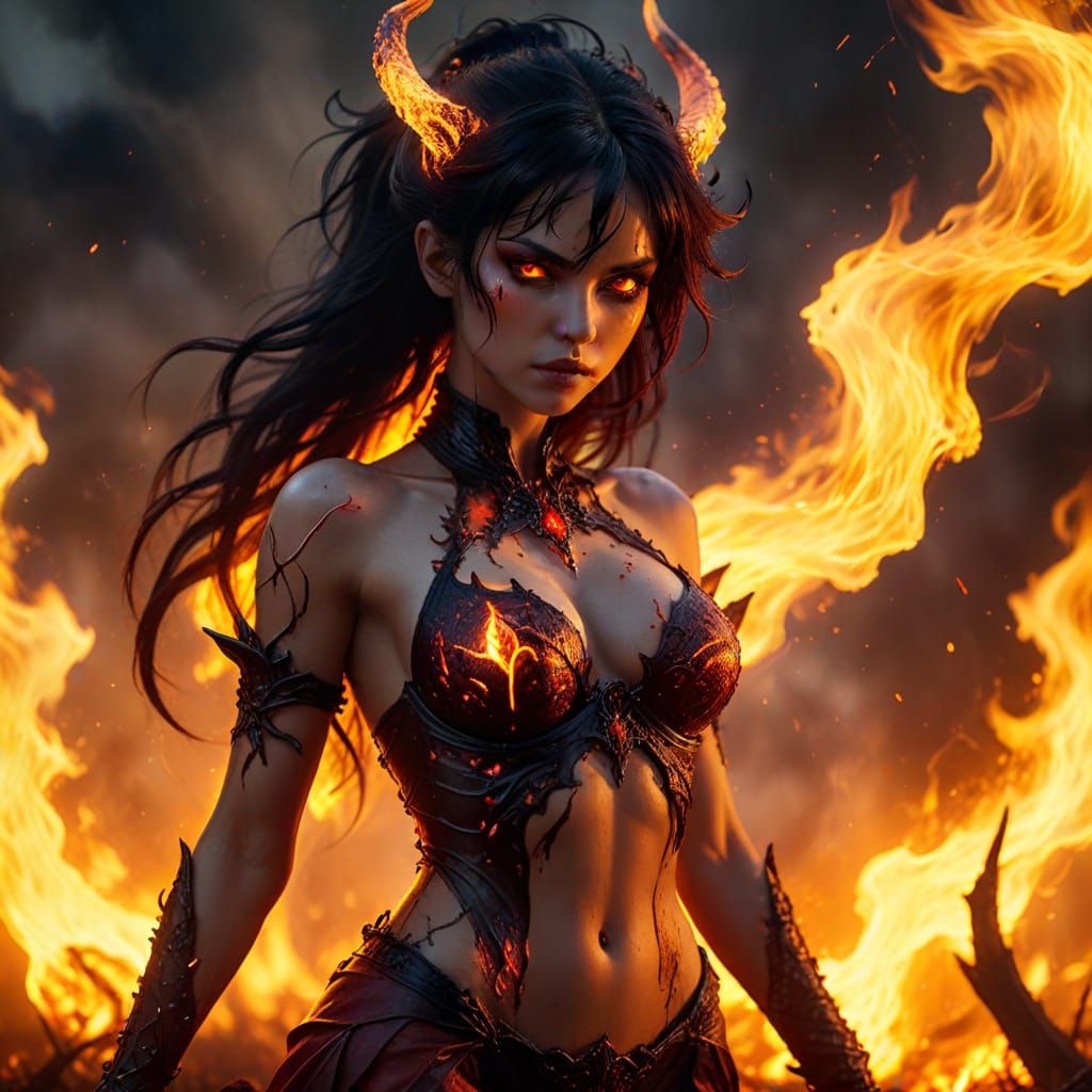 Dark Fantasy Succubi Amidst a Fiery Apocalypse in Vibrant Co...