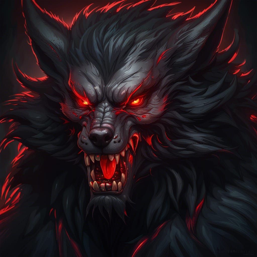 4-eyed werewolf with long fangs and glowing red eyes and black fur"