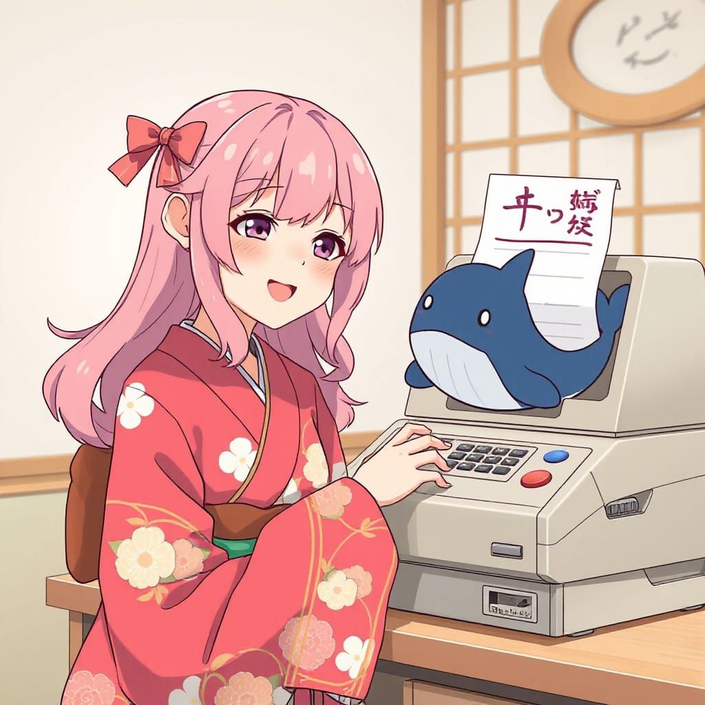 Anime Girl and Fax Machine in Pastel Style