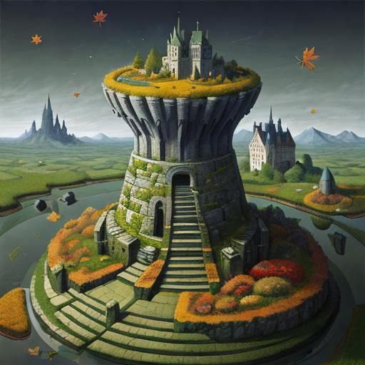 Isometric Castle in Sky with Floating Stairs