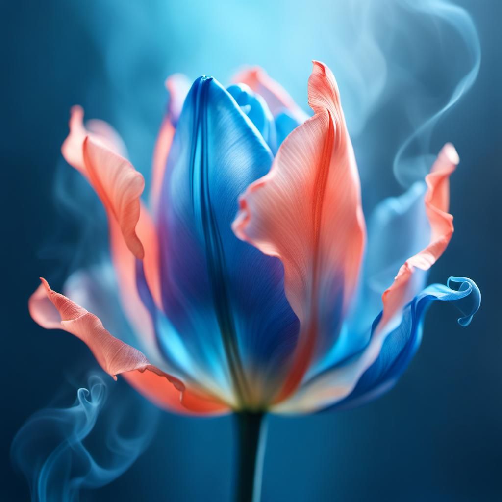 Ghostly Blue and Coral Smoke Tulip: Macro Photography
