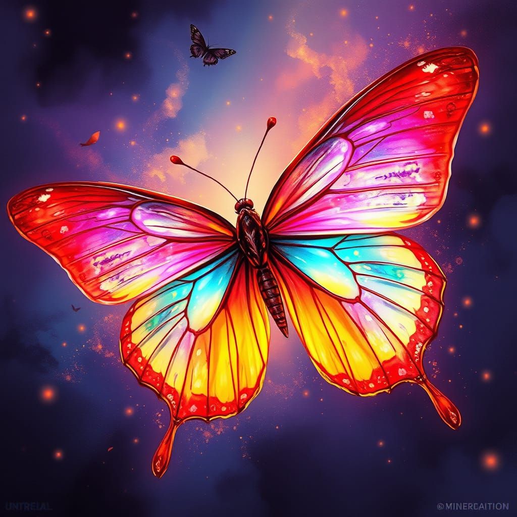 Vibrant, Iridescent Butterfly in Dreamlike Art Nouveau Style
