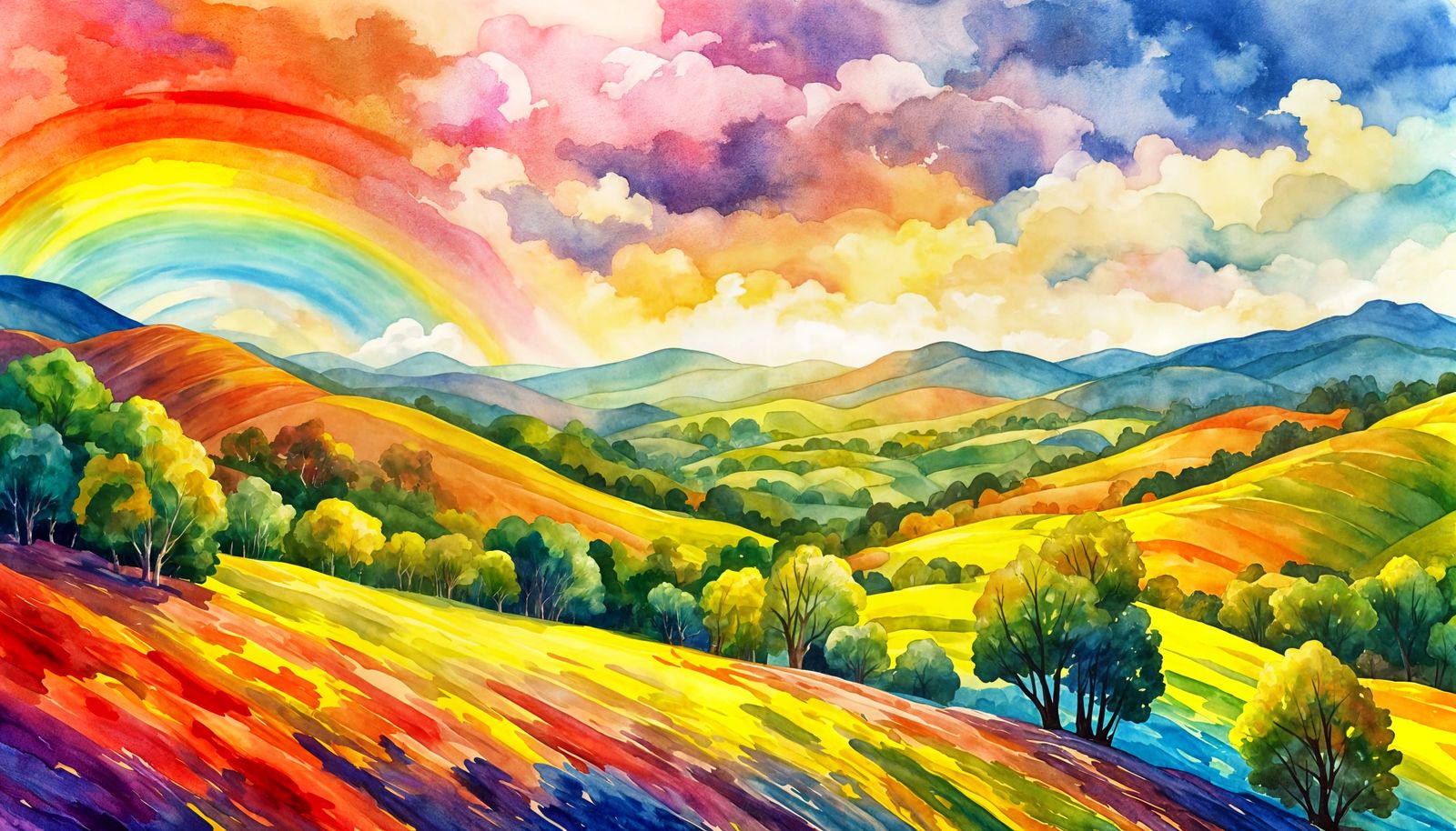 Dreamlike Watercolor Landscape with Rainbow and Flowers