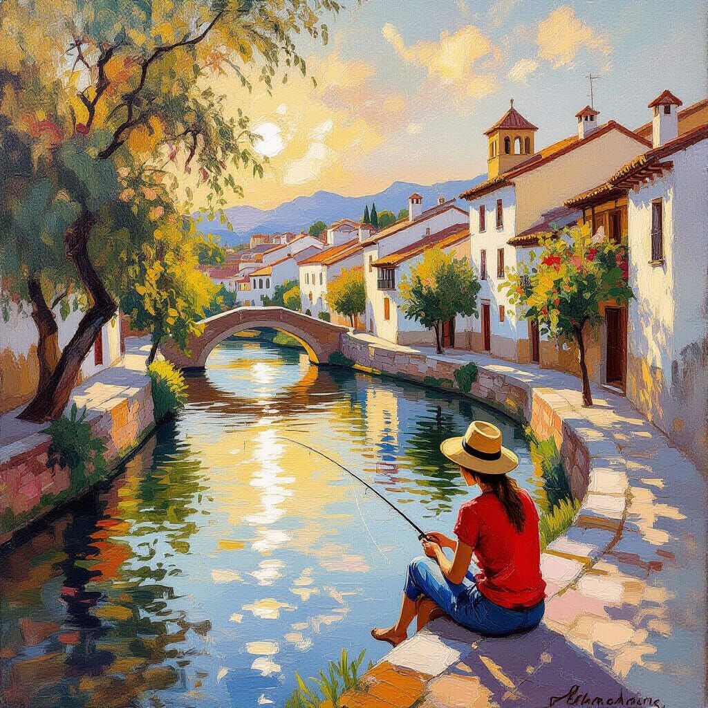 Impressionist Painting Of A Woman Fishing By A Spanish River