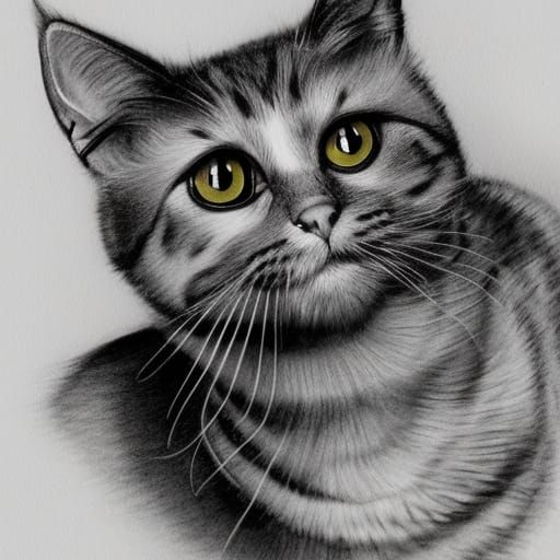 Detailed Ink and Watercolor Drawing of a Cat