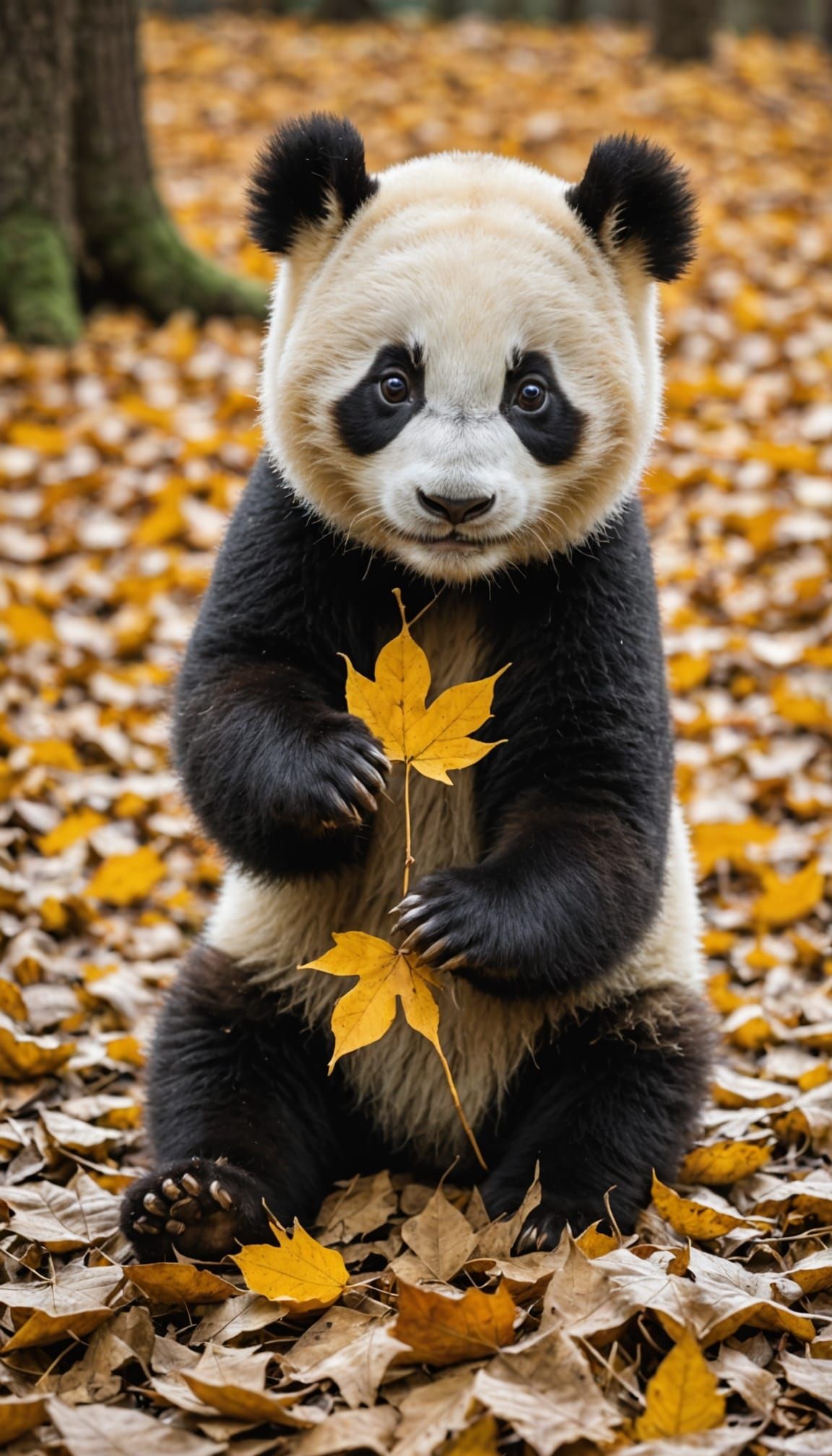 Panda Baby Plays Among Autumn Leaves