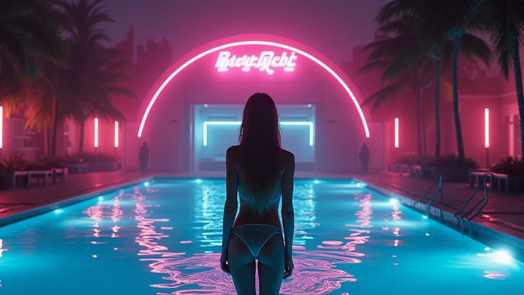 Neon Lit Woman at Magic Mall's Dark Pool