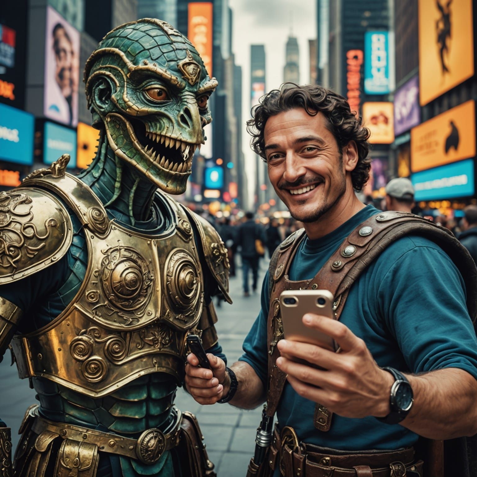 Roman Soldier Selfie with Reptilian Alien in Surreal Art