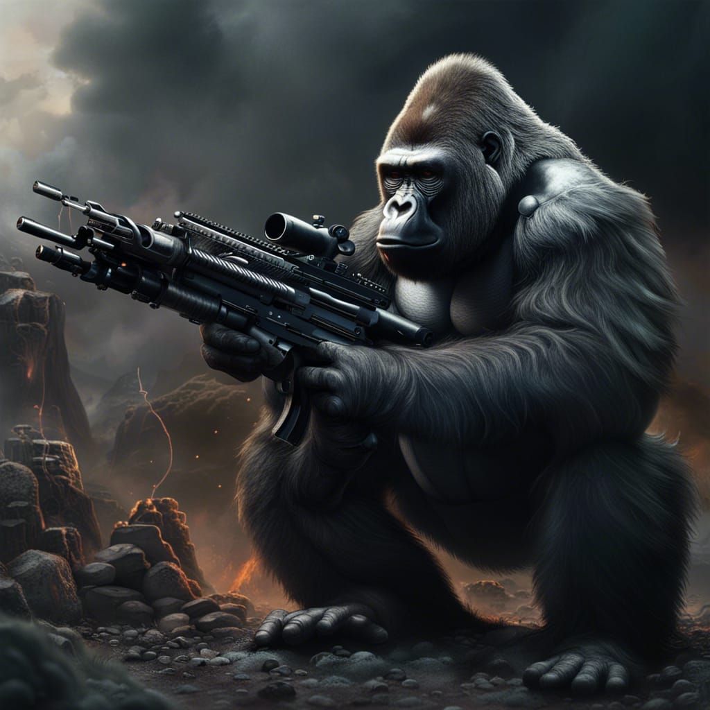 Gorilla with Machine Gun: Epic Digital Matte Painting