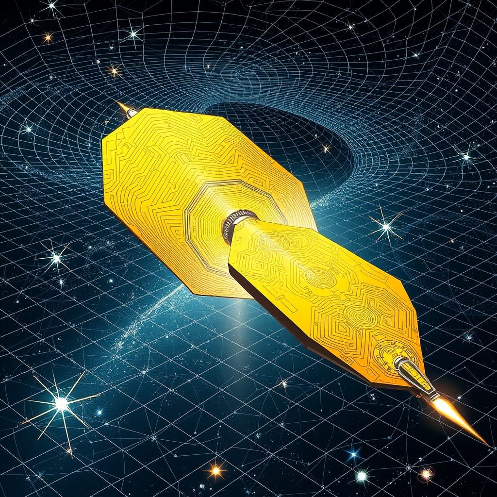 Futuristic Space Probe with Hexagonal Solar Sail in Distorte...