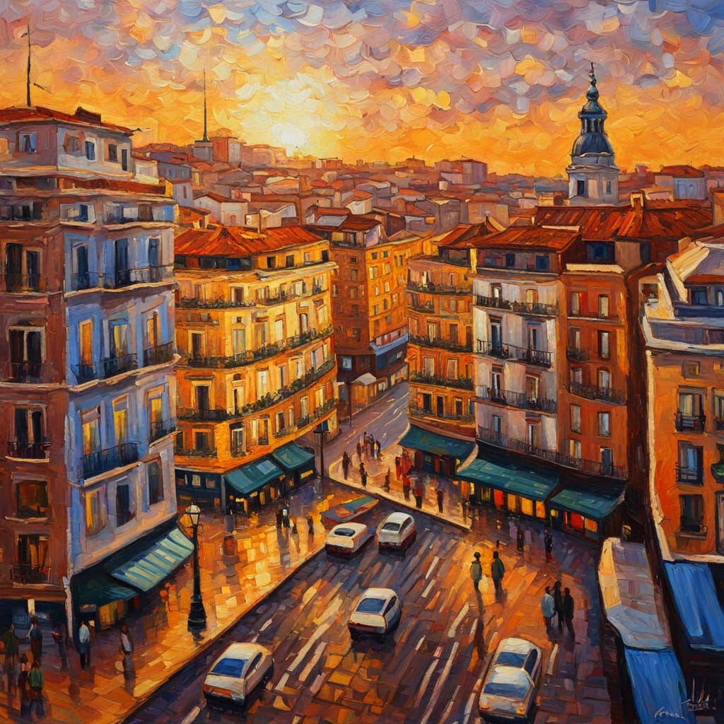 Madrid Cityscape in Expressionist Oil Painting Style