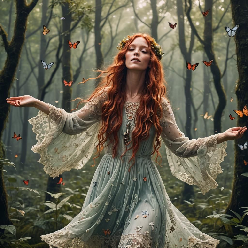 Woman in Lace Dress Reaching for Butterflies