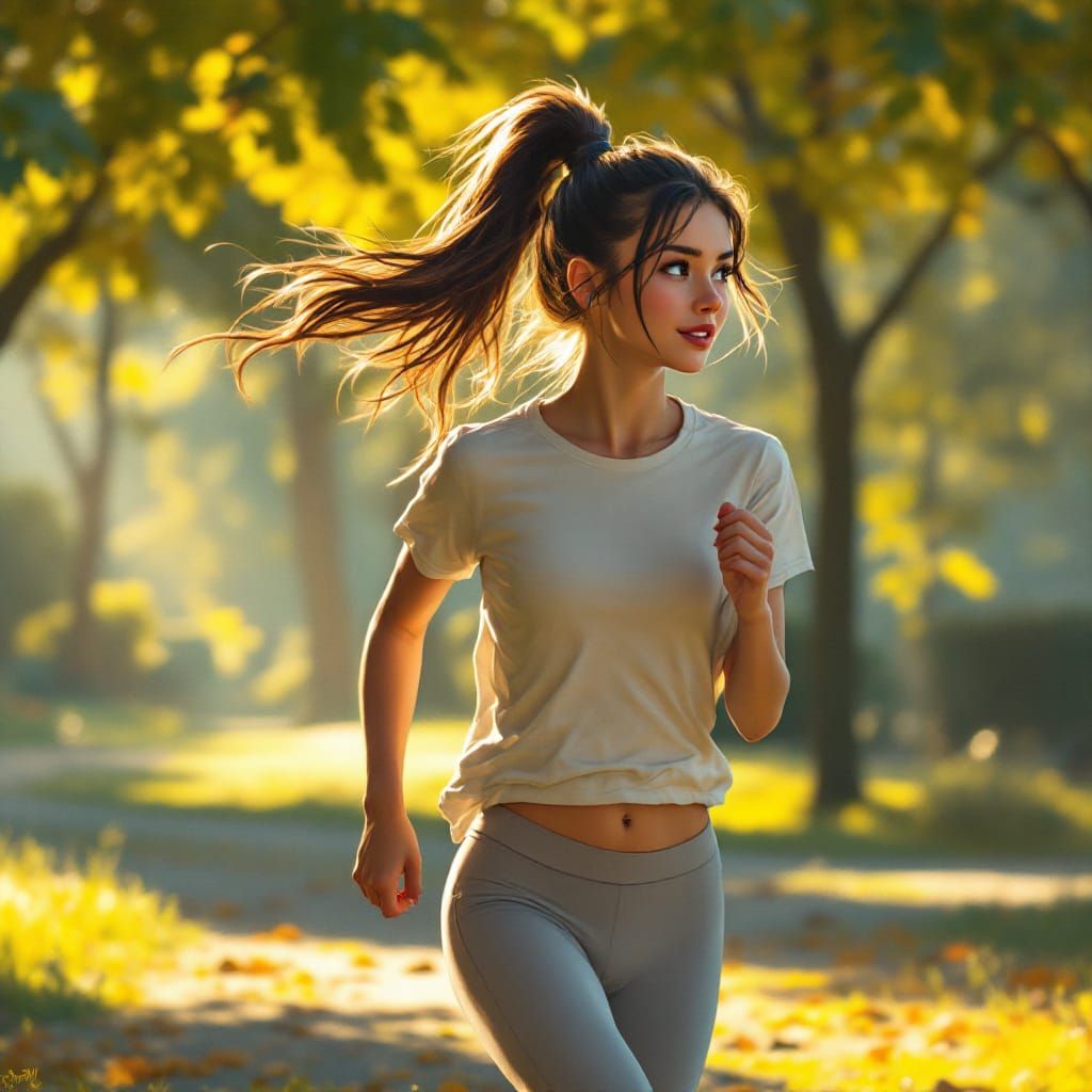 Teen Runner in Sun-Dappled Park, Energetic Digital Painting