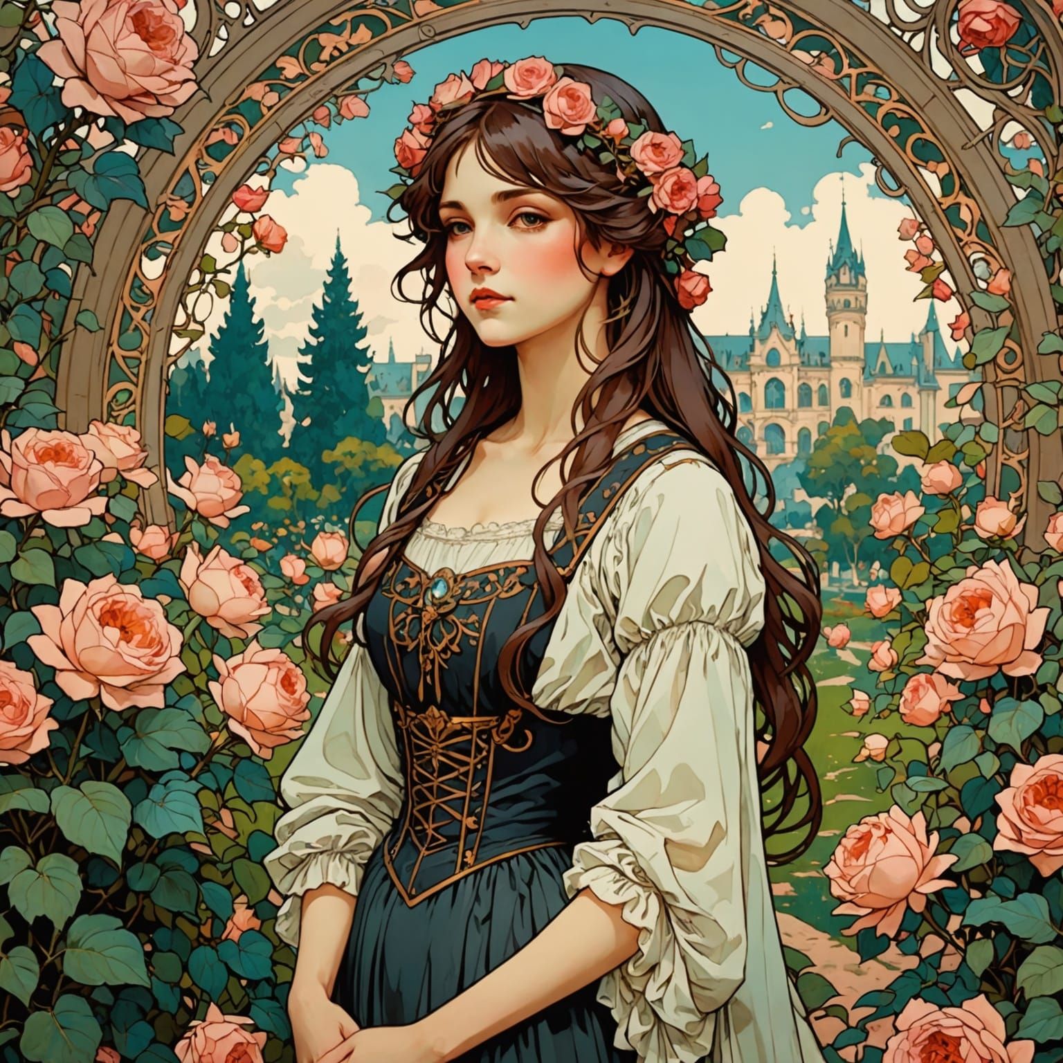 A Beautiful Anime-Inspired Girl in a Vibrant Rose Garden