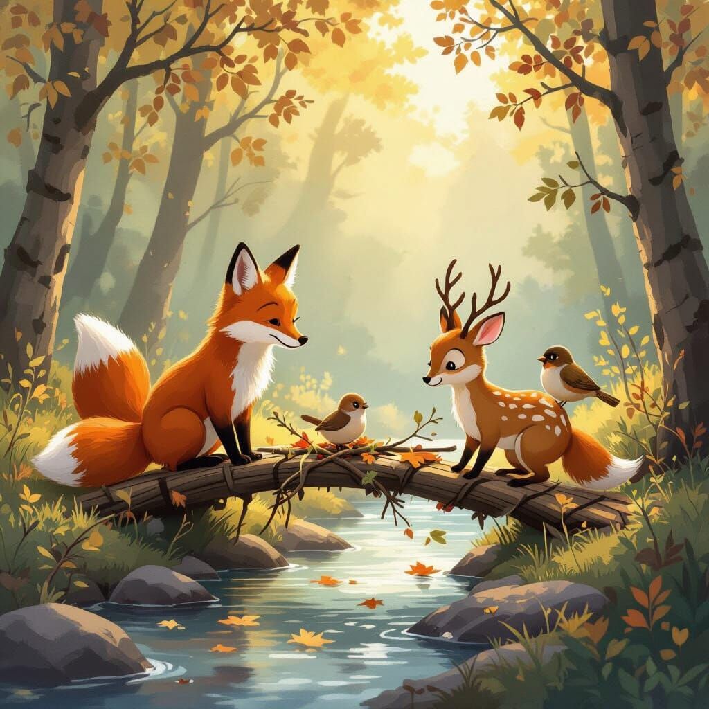 Forest Animals Build Bridge in Whimsical Storybook Style
