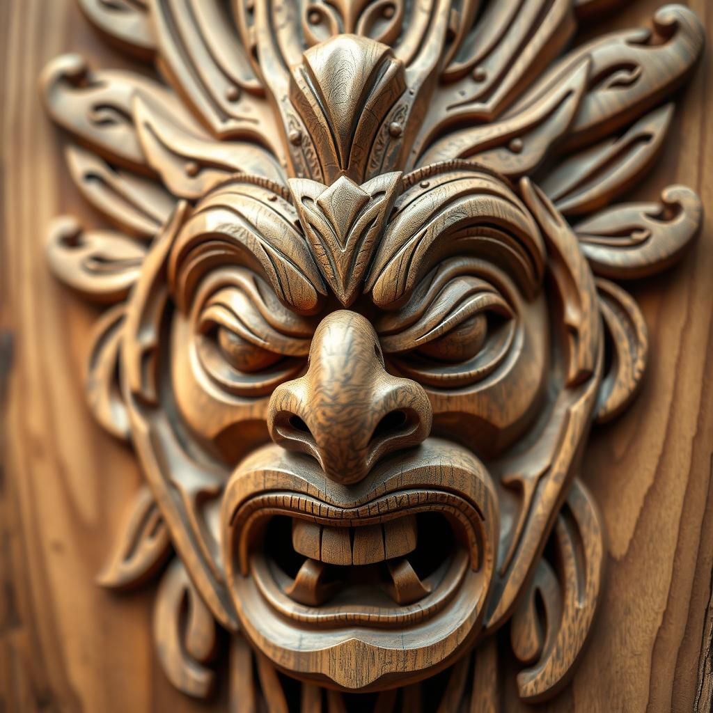 Hyperrealistic Wood Carved Tribal Mask in 3D