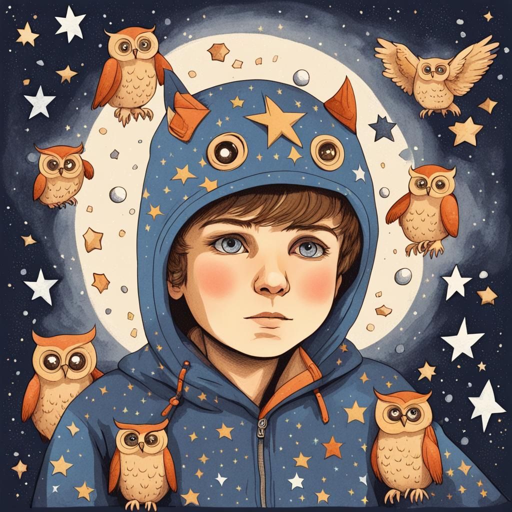 Boy Among Stars and Owls Illustration
