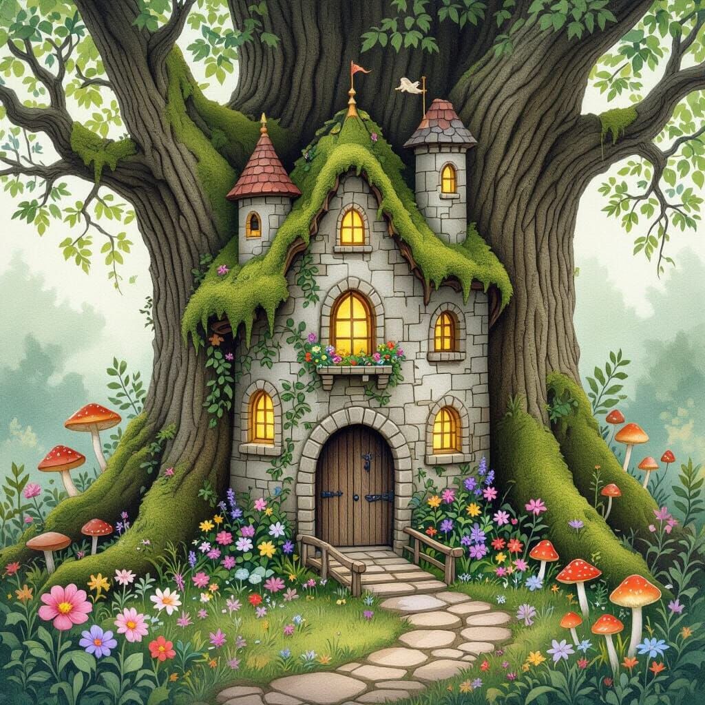 Miniature Castle in Ancient Tree, Watercolor Style