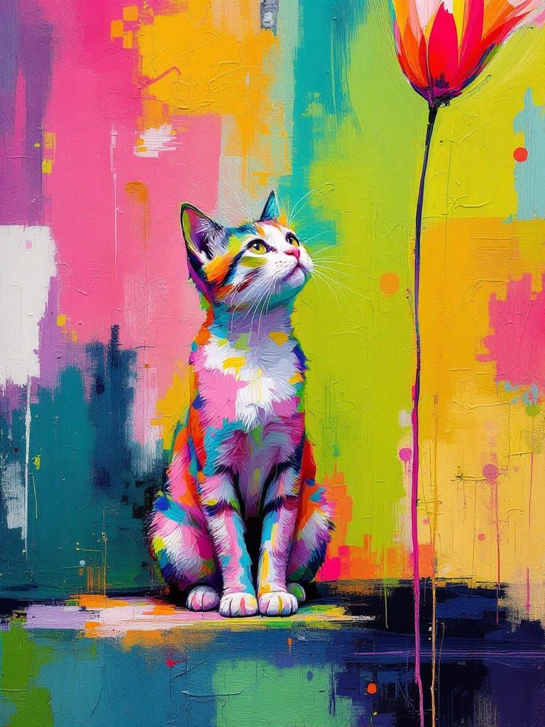 Cat Gazes at Flower, Neo-Expressionist Style