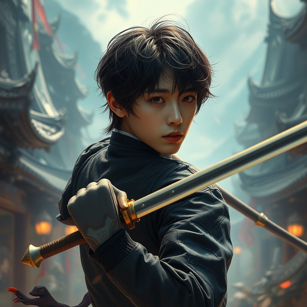 Korean Youth with Sword in Fantasy Landscape