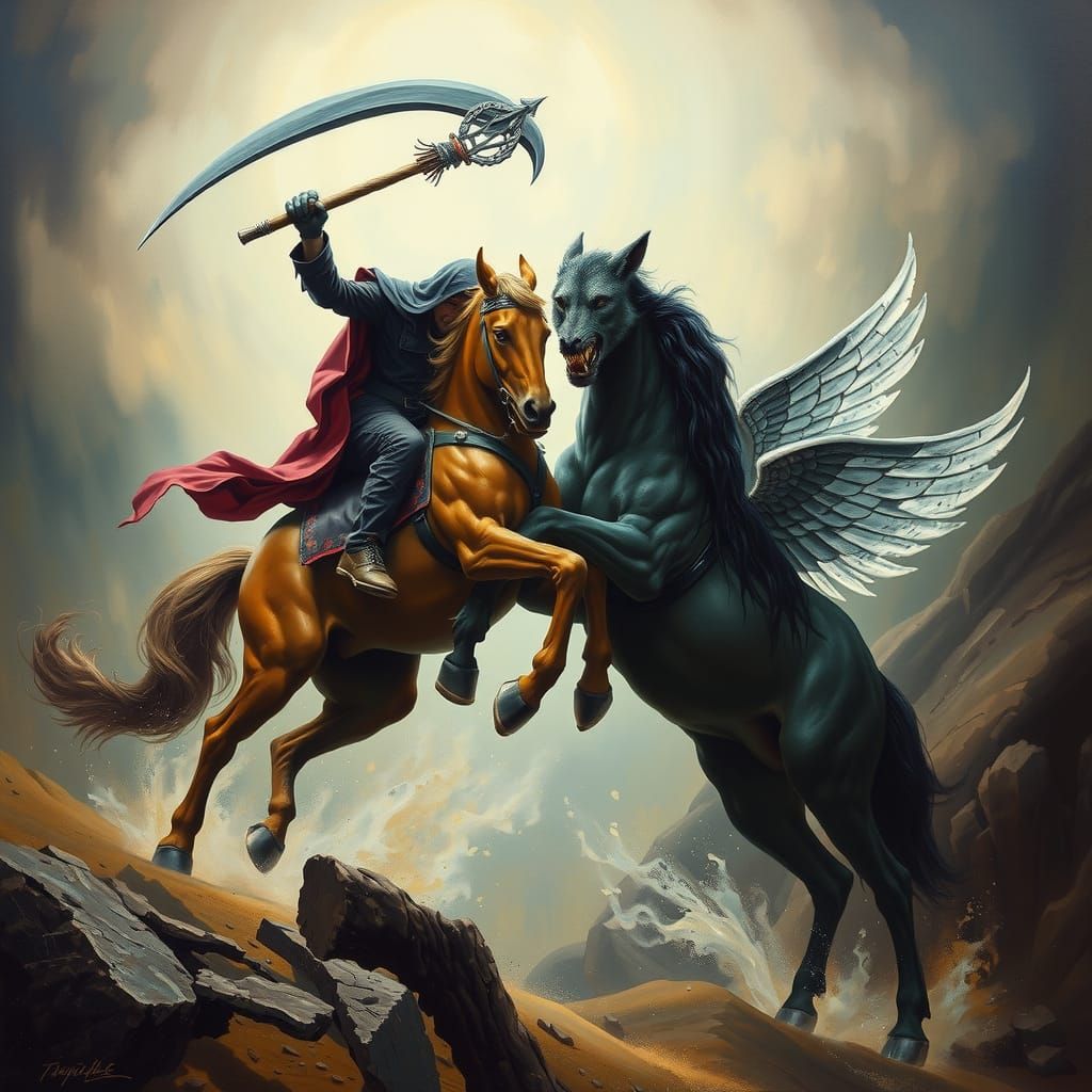 Grim Reaper and Werewolf Battle: Gothic Oil Painting