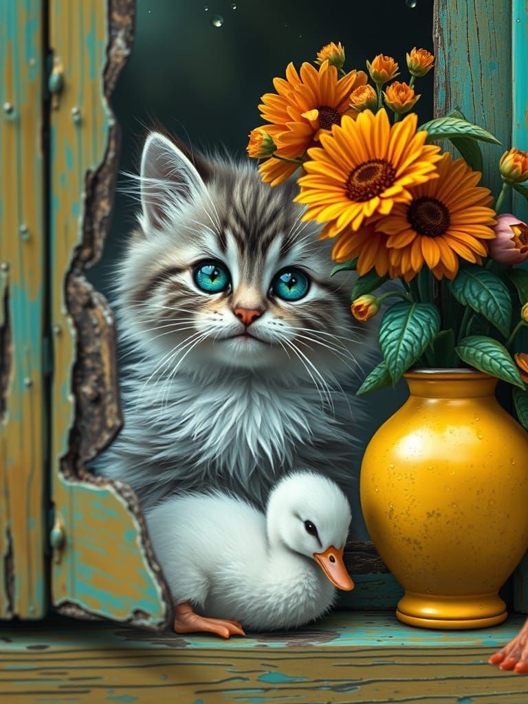 Siberian Kitten Gazing Through Turquoise Window