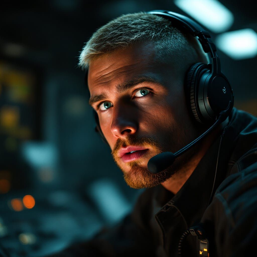 Intense Radio Dispatcher in Cinematic Lighting
