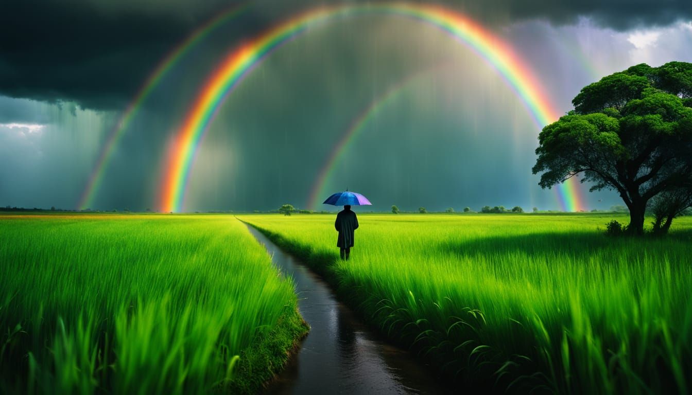 Dramatic Rainbow Over Green Fields in Summer Rain
