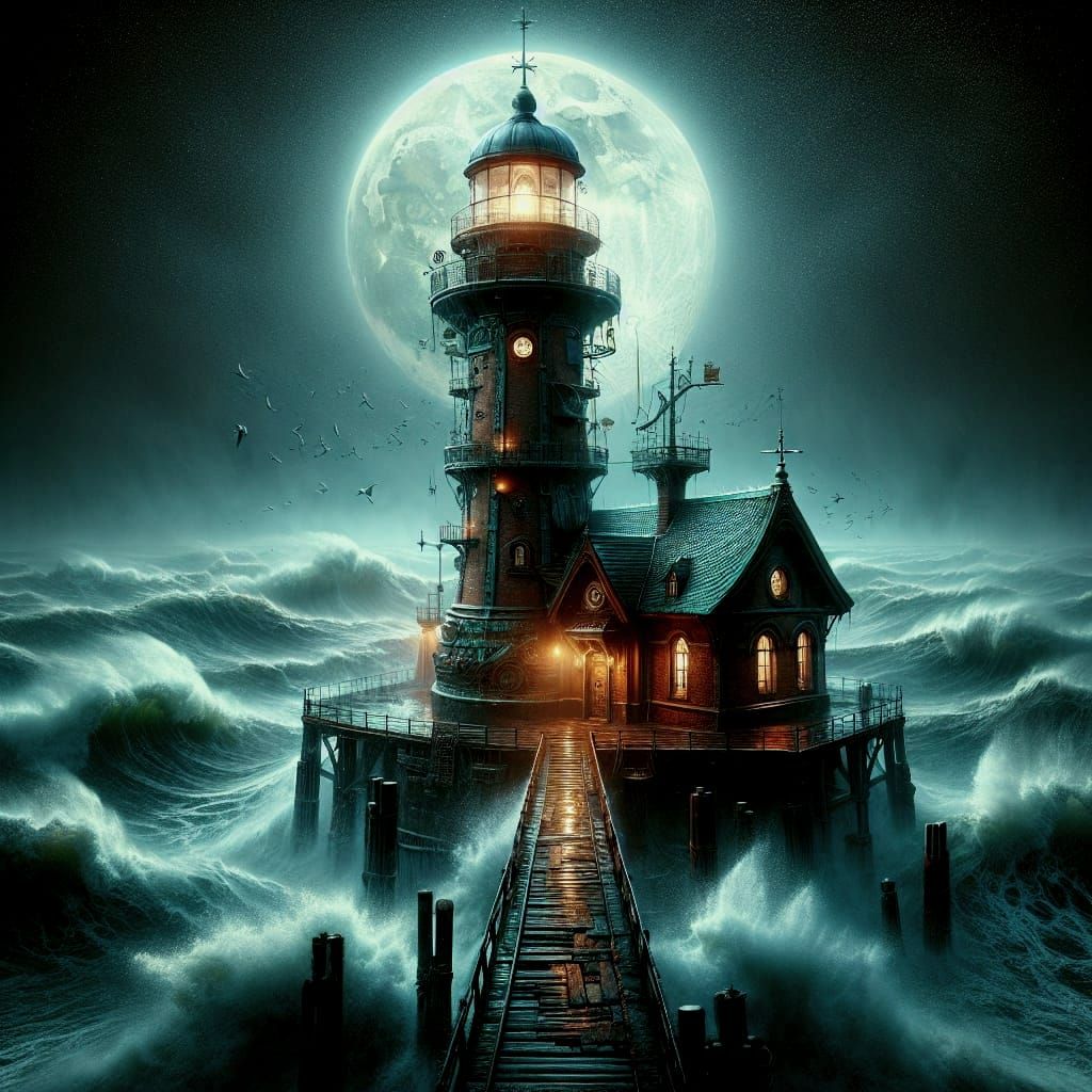 Steampunk Lighthouse Against Stormy Seas