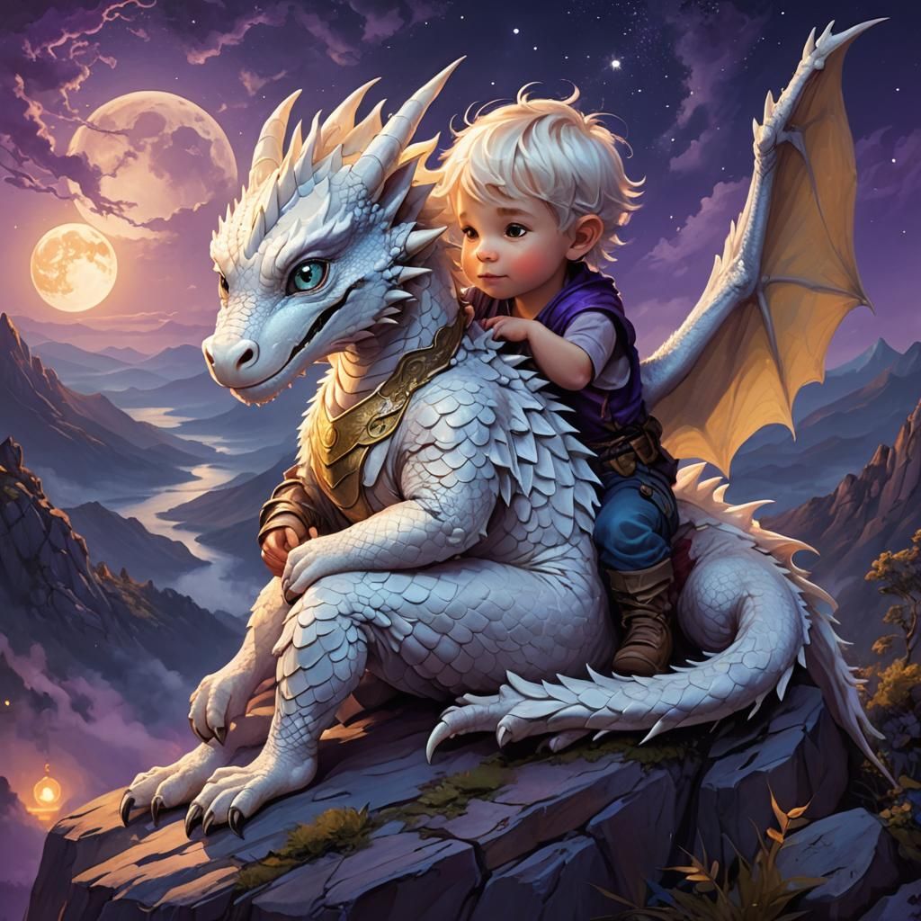 Fantasy Dragon and Boy Watching Moon at Night