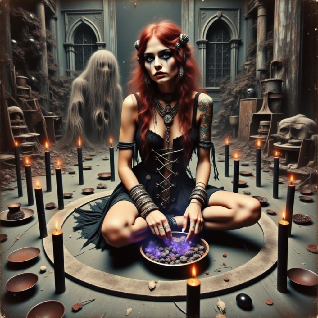 Fae Witch in Chalk Circle with Candles