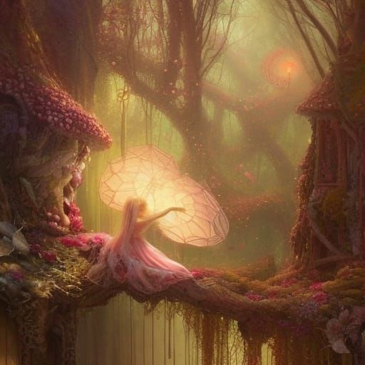 Intricate Fairy Tree with Miniature Houses in Fantasycore St...