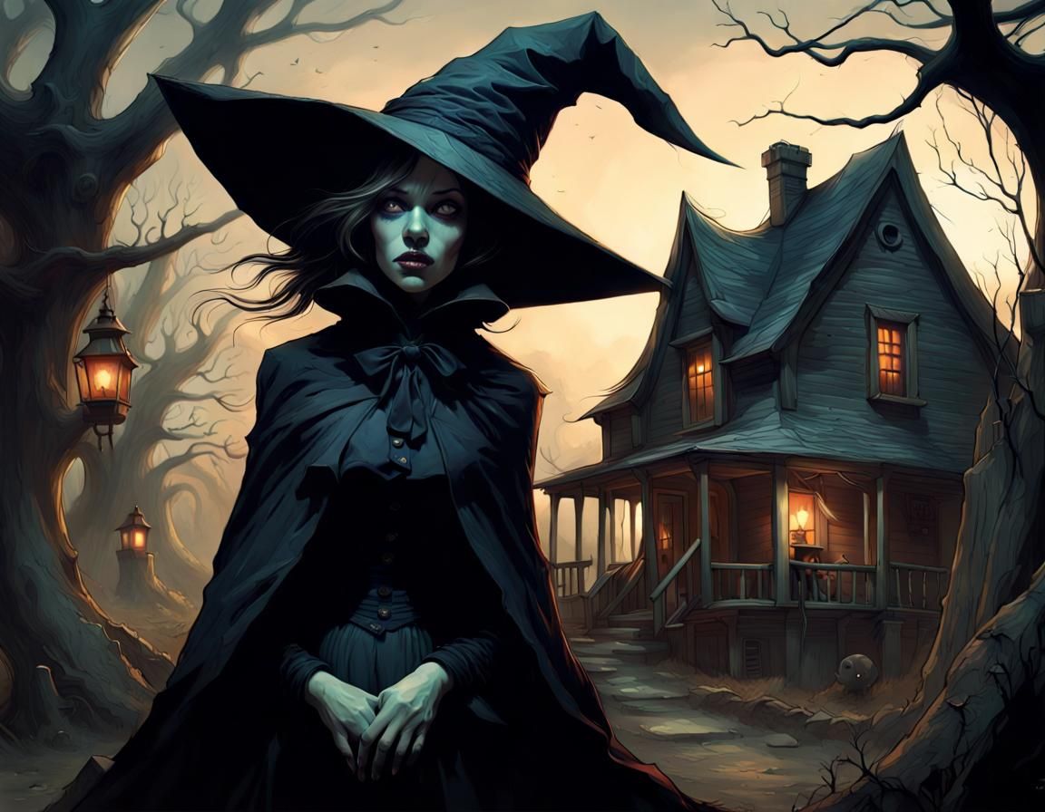 Creepy Witch Guides Through Haunted Village at Night