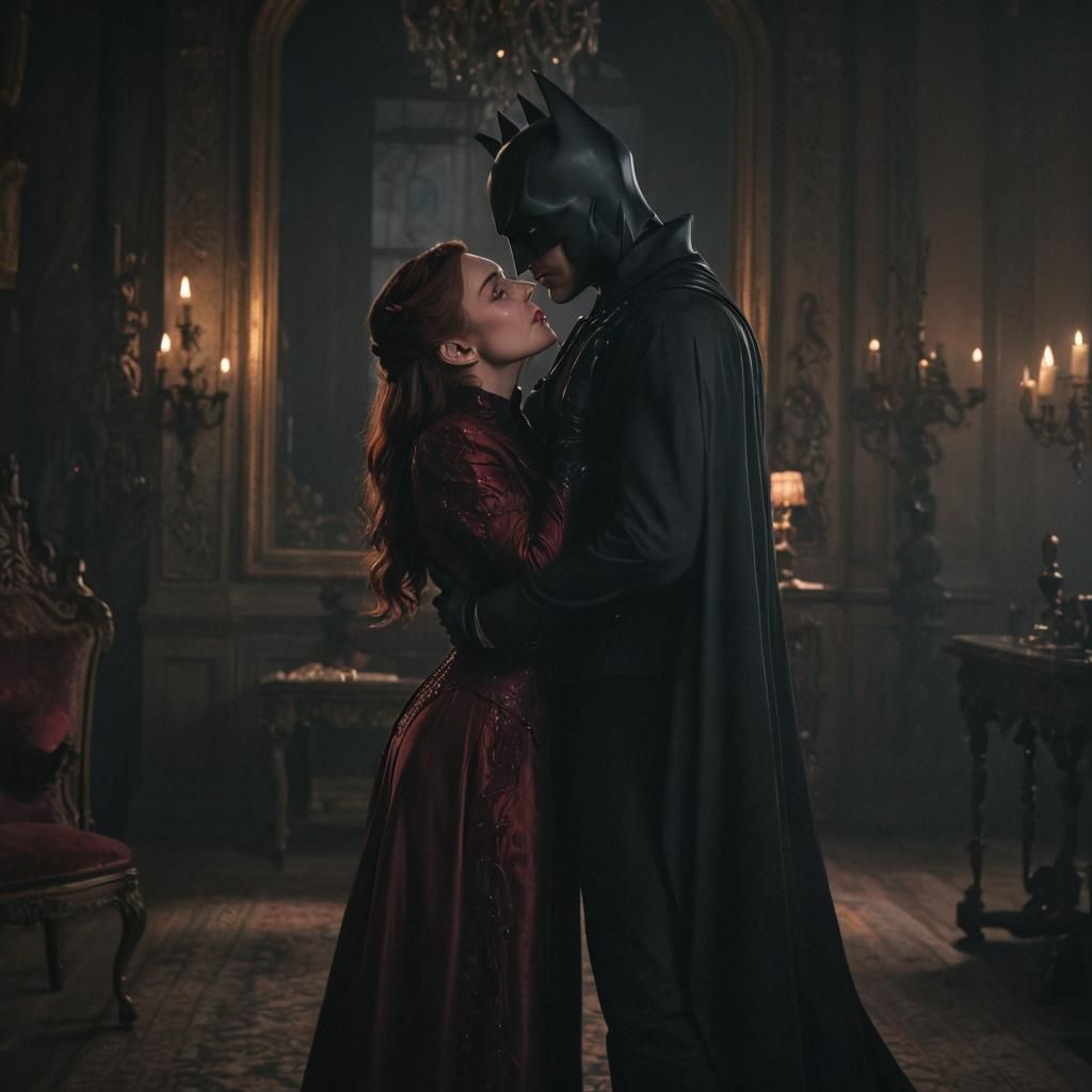 Scarlet Witch and Batman's Gothic Mansion Embrace