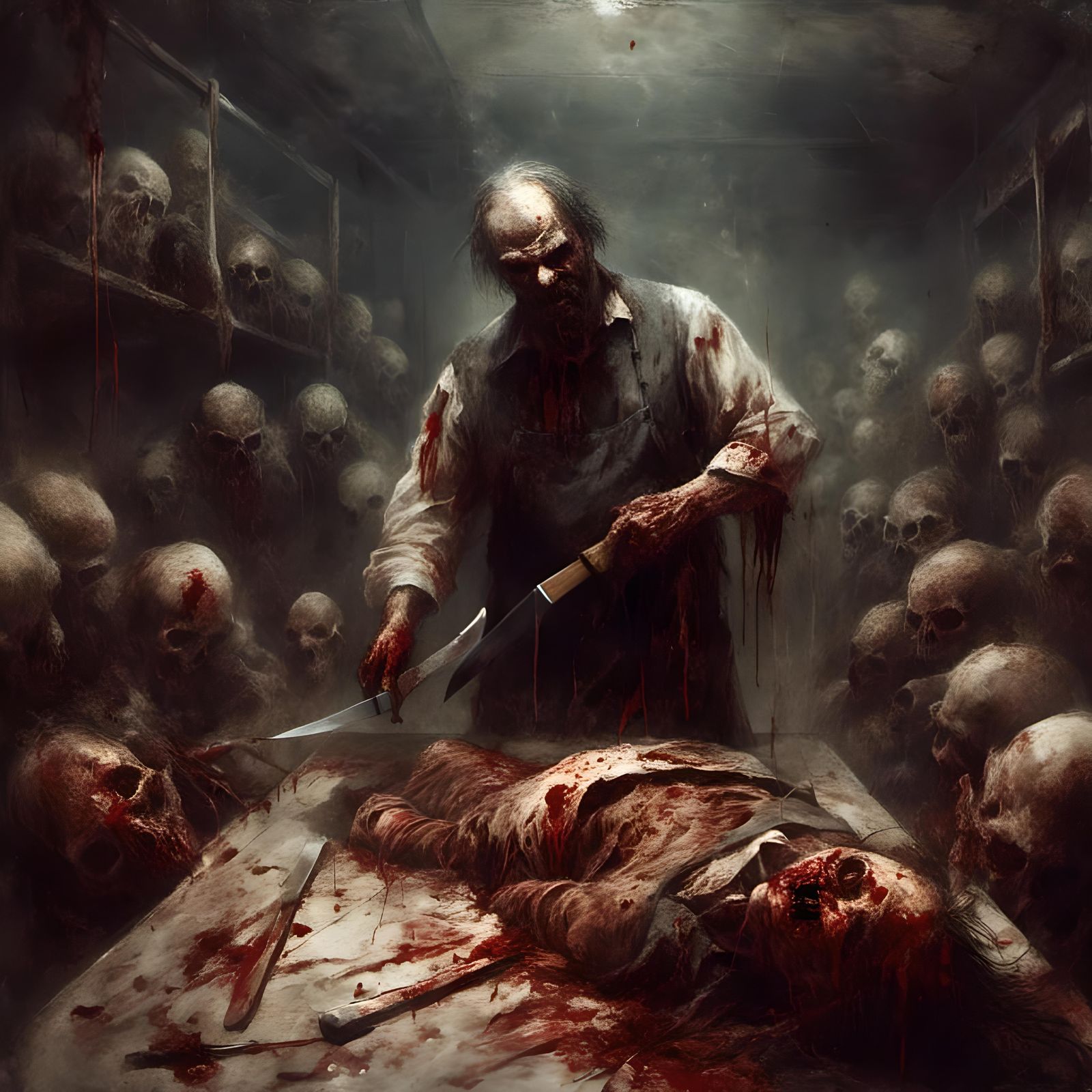 Macabre Zombie Butcher in Bloody Morgue