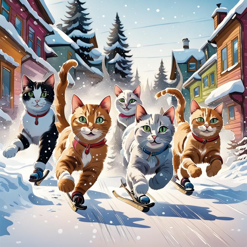 Cats Ice Skating: A Colorful Comic Sketch